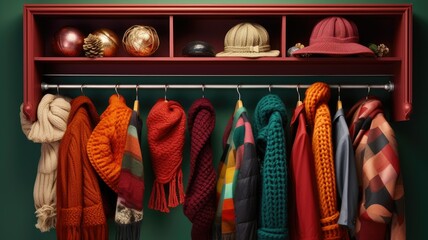 Wall Mural - a woman's winter wardrobe choices. Neatly arranged on a hanger are various scarves, gloves, and hats in different styles and colors, perfect for mixing and matching during the winter months.