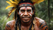 indigenous man with painted face, smiling in the jungle, Amazonian tribe, native people, Latin America, summer, dense jungle, living nature