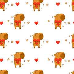 Wall Mural - Seamless pattern animal capybara with heart