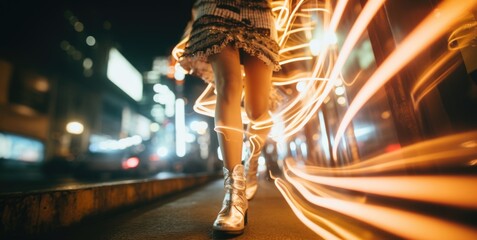 Cyberpunk city and futuristic shoes, bright neon colors and creative long exposure light painting streaks, only the coolest fashion hipsters walks these busy street at night. 