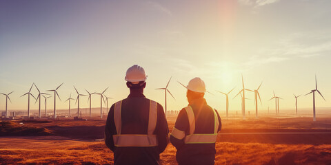 Wall Mural - Two Electric engineer wearing Personal protective equipment working at wind turbines farm