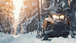 front view of a snowmobile in the winter forest, close-up. ai generative