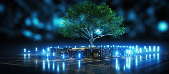 Canvas Print - Tree growing on computer circuit board with blue light background Green computing technology CSR and IT ethics concept with copyspace for text