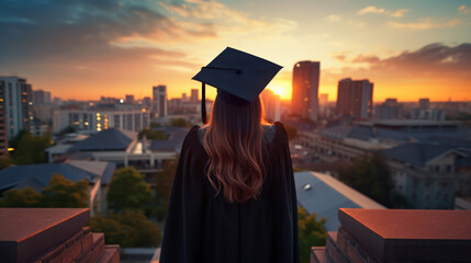 Wall Mural - Graduated student girl in robe and hat looks into the future life after university standing on a rooftop at sunset time. ai generative