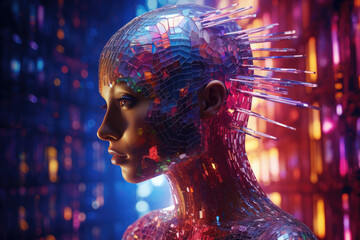 Wall Mural - a humanoid creature in a digital world with binary codes and holographic elements. it represents lif