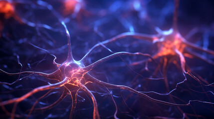 Conceptual illustration of neuron cells with glowing link knots in abstract dark space. ai generative