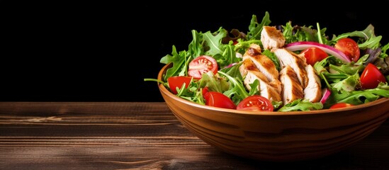 Wall Mural - Healthy chicken and mixed greens salad on a wooden background with copyspace for text