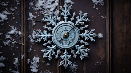 Wall Mural -  a clock that is on a door in the snow with snow flakes on it.  generative ai