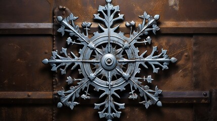 Wall Mural -  a metal snowflake on the side of a door.  generative ai