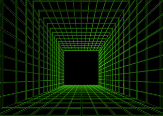 Wall Mural - Abstract vector tunnel perspective grid. Futuristic black and green background. 3D design.