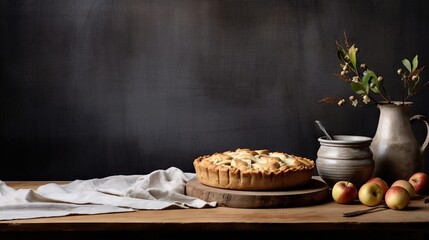 Poster -  a table topped with a pie next to a vase of flowers.  generative ai