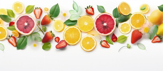 Sticker - Fruity design with smoothie using citrus fruits leaves and strawberries with copyspace for text