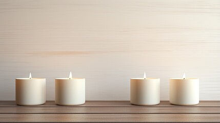 Poster -  a row of white candles sitting on top of a wooden table.  generative ai