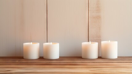 Poster -  three white candles sitting on top of a wooden shelf next to a wall.  generative ai