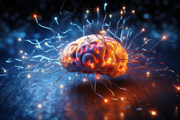 Wall Mural - artificial intelligence processing: intricate & detailed depiction of a cybernetic brain with glowin