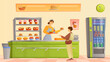 © Flash Vector - School canteen at lunch vector illustration. Cartoon woman behind counter holding tray with burger, salad and drink to give standing boy, foodcourt staff character serving food for hungry student