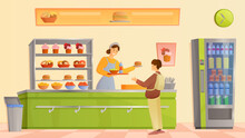 School Canteen At Lunch Vector Illustration. Cartoon Woman Behind Counter Holding Tray With Burger, Salad And Drink To Give Standing Boy, Foodcourt Staff Character Serving Food For Hungry Student
