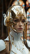 Translucent, sexy robot beautiful woman hybrid, photorealism, and golden Autumn background, AI Generative