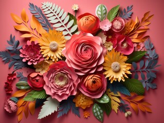 Wall Mural - A bouquet of paper flowers on a pink background. Generative AI.