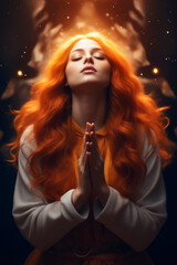 Wall Mural - Woman with red hair and white shirt is praying.
