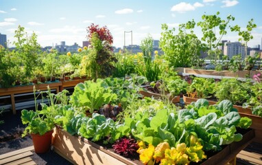 Wall Mural - Vibrant rooftop vegetable and herb garden, with rows of thriving plants and a sustainable gardening setup. Generative AI