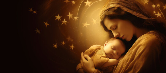 Wall Mural - Silhouette of Mary with Baby Jesus, Blurred Background with Copy Space