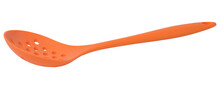 Orange Plastic Kitchen Slotted Spoon On White Isolated Background