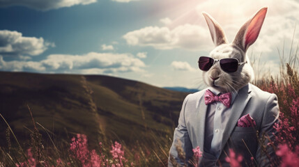 Poster - A rabbit in a suit and sunglasses standing in a field of flowers. Generative AI.