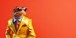 Cool looking frog wearing funky fashion dress - jacket, tie, glasses. Wide banner with space for text right side. Stylish animal posing as supermodel. Generative AI