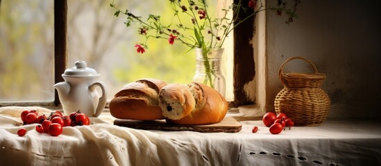 Sticker - Easter bread from Austria Greece and red eggs on a table with a spring view still life with copyspace for text