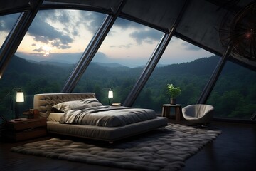 Canvas Print - Futuristic Luxurious Bedroom with a Fantastic Mountain View.