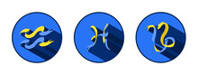 Set Of Zodiac Signs Aquarius, Pisces, Capricorn. Traditional National Ukrainian Colors Are Blue And Yellow. Decorative Composition. Horoscope Logo.
