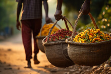 People Carry Baskets With A Harvest Of Yellow Chilli, Turmeric Spices And Herbs. Indian, Asian Or Mexican Spices. Copy Space 