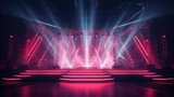 Fototapeta  - Online event entertainment concept. Background for concert. Blue stage spotlights. Empty stage with blue spotlights.
