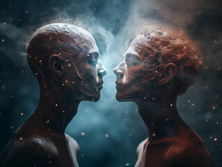 Wall Mural - a haunting yet mesmerizing shot of identical human twins, facing each other against a nebulous cosmi