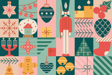 Christmas Seamless Block Pattern With Toys, Balls, Star, Soldier, Tree, Candle. Vintage Stile Illustrations