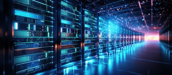 Poster - Visualization of server racks in a dark room with VFX representing IoT data flow and digitalization of online traffic Information storage equipment with copyspace for text