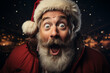 Portrait of shocked amazed Santa Claus. Bright facial expression, human emotions concept. Sale discounts on Xmas New Years December holiday celebration concept