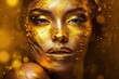 Beauty woman painted in gold skin color body, gold makeup, lips, eyelids in gold color paint