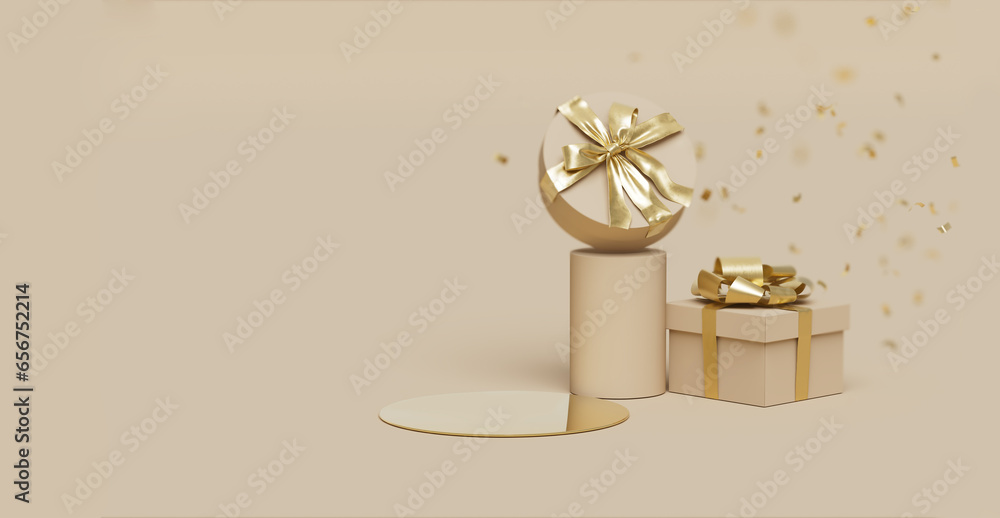 3D podium display. Beige background with gift box showcase for beauty ...