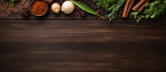 Wall Mural - Top view of various herbs and spices on a wooden background with space for text with copyspace for text