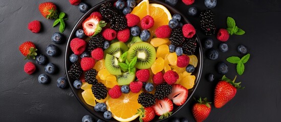 Canvas Print - Creating a flavorful fruit salad with various fruits and berries displayed from above with copyspace for text