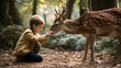 Generative AI, child, boy or girl petting and feeding a deer in a zoo, reserve, fawn, kid, nature, sika deer, park, roe deer, fallow deer, forest, wild animal, baby, trees, zoology, young naturalist