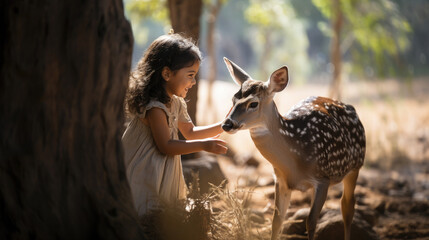 Generative AI, child, boy or girl petting and feeding a deer in a zoo, reserve, fawn, kid, nature, sika deer, park, roe deer, fallow deer, forest, wild animal, baby, trees, zoology, young naturalist