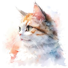 Cute And Fluffy Kitten In Watercolor Art