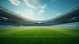Fototapeta  - Photo of an empty soccer stadium with a vibrant green field