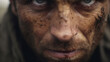A rugged and scarred face showcases piercing brown eyes that reflect a sense of both intensity and mystery.