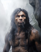 Within A Dense, Misty Forest, A Neanderthal With A Serene Countenance And Gentle Eyes Evokes A Sense Of Reverence For The Natural World And Its Hidden Wonders.