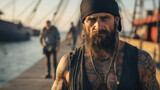 An intimidating, tattooed pirate with a hook for a hand, standing on a dock with a bustling harbor in the background.