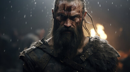 A fiercelooking Viking with a thick black beard and a prominent scar across his jaw, his eyes filled with a mix of intensity and sorrow.